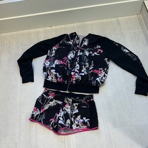 JustFab Floral Matching Black and Pink Jacket and Shorts Set